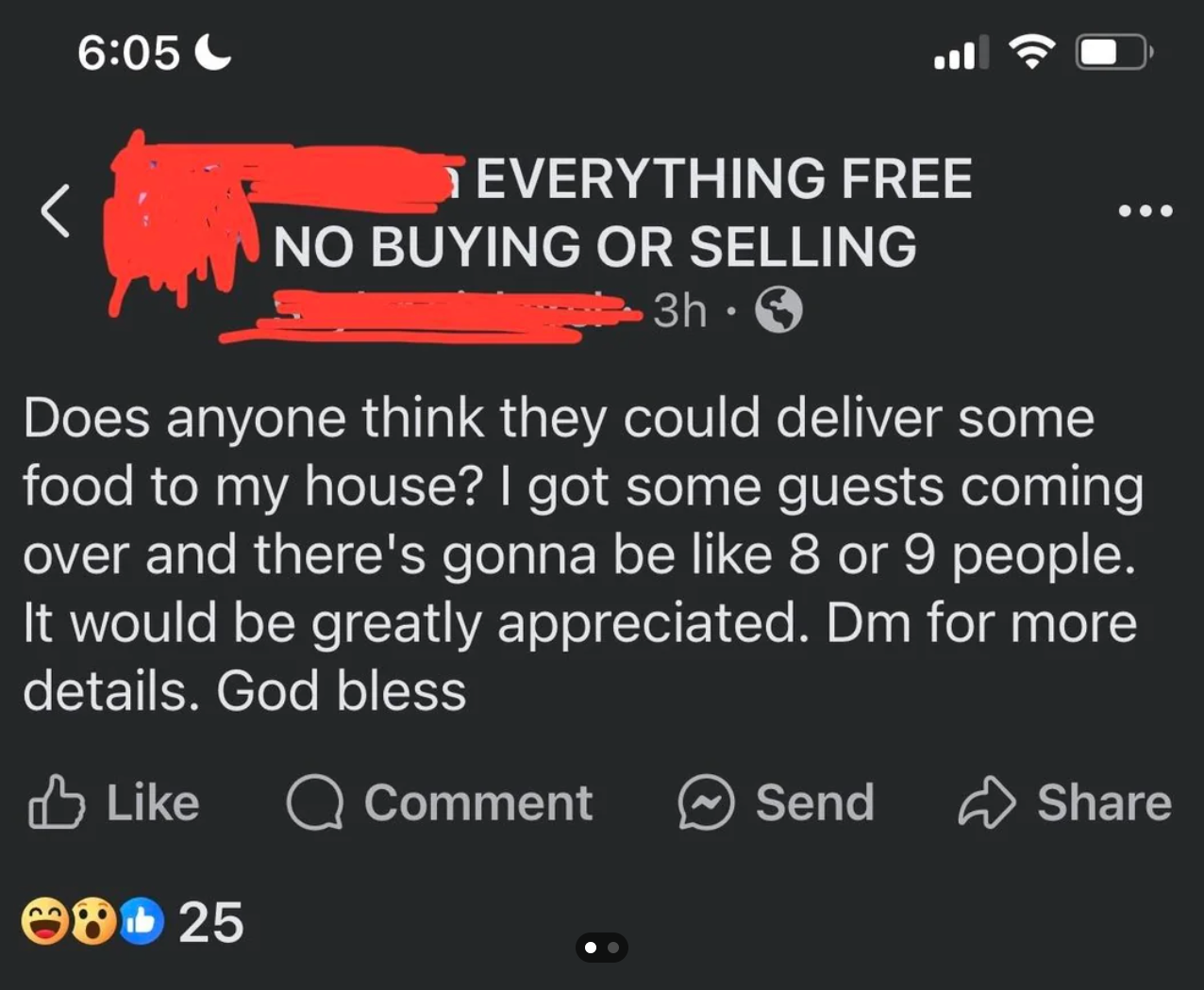 Facebook post asking for someone to deliver food for 8-9 guests; details via direct message