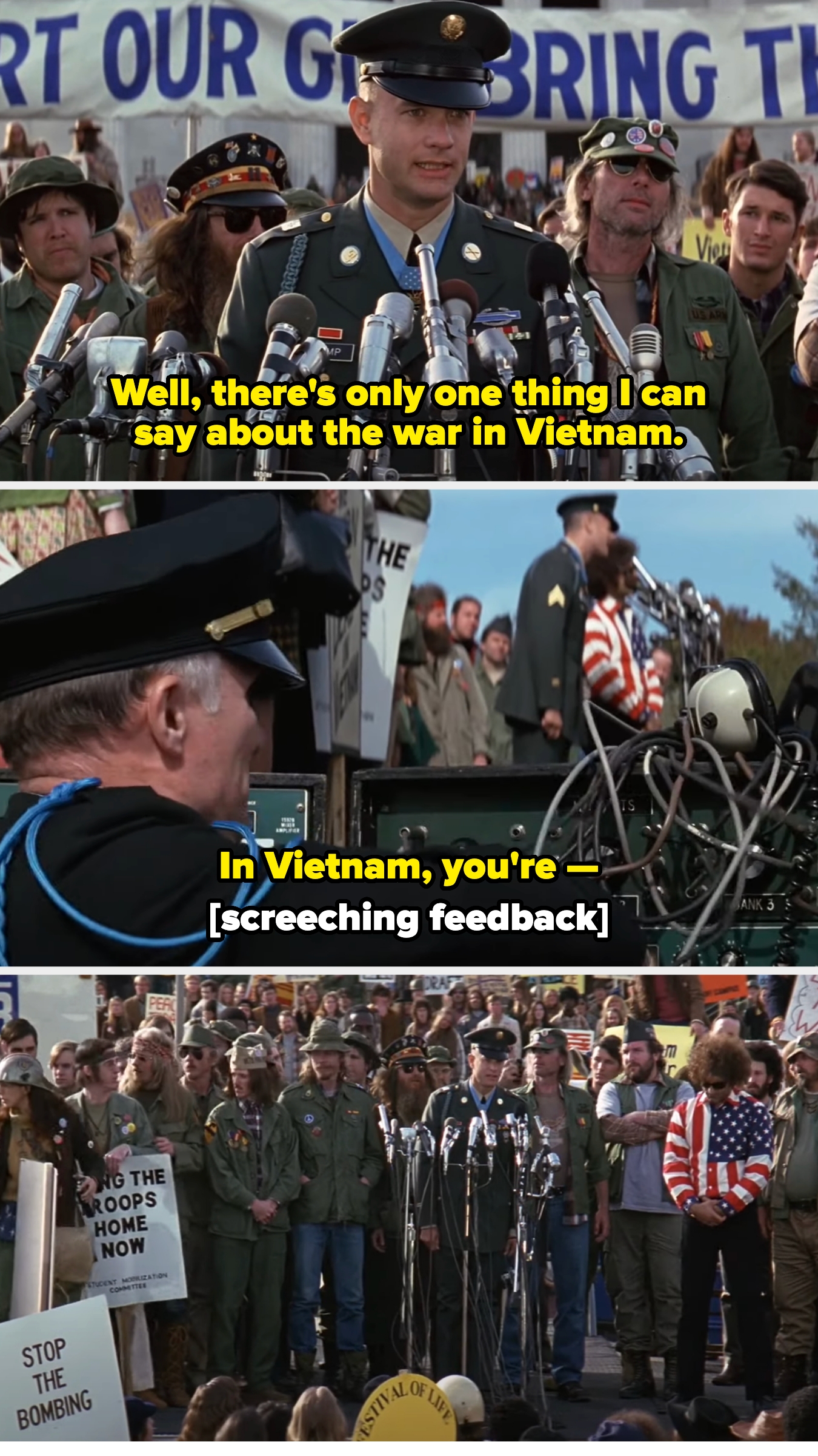 Forrest in military uniform speaks at a protest rally about the Vietnam War, but an officer yanks cords from the speaker, and audio feedback interrupts before he finishes his sentence