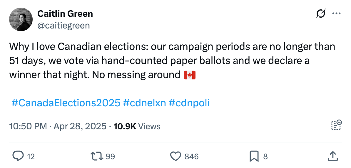 Tweet by Caitlin Green praising Canadian elections for short campaigns, hand-counted ballots, same-night results. Mentions Canada flag emoji
