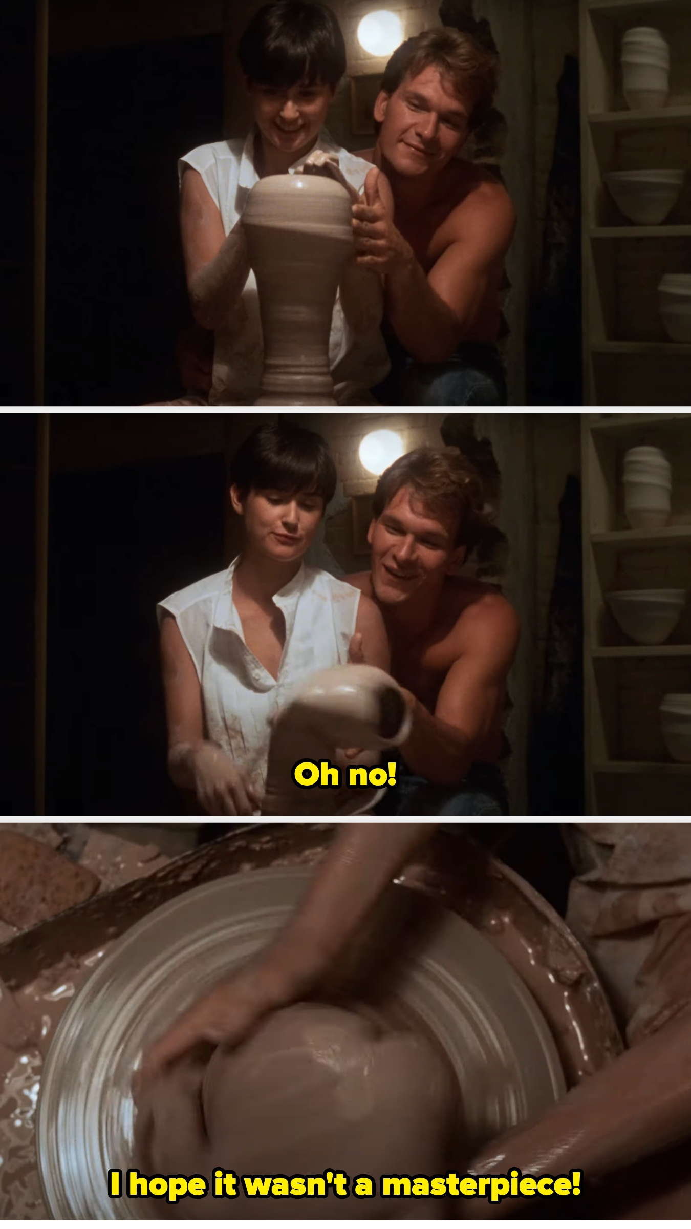 Patrick playfully assists Demi in shaping pottery on a spinning wheel. Subtitles read: &quot;Oh no!&quot; and &quot;I hope it wasn&#x27;t a masterpiece!&quot;