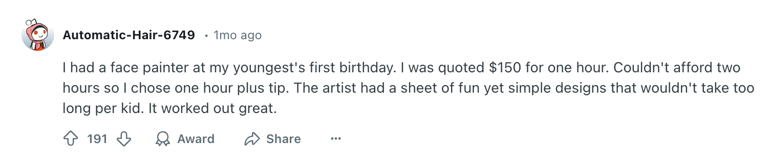 Reddit post sharing a positive experience with a face painter at a child's birthday, noting affordability and quick, simple designs