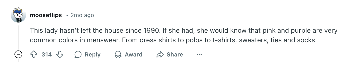 Online comment humorously highlights common menswear colors, noting pink and purple in shirts, polos, and more, with over 314 likes