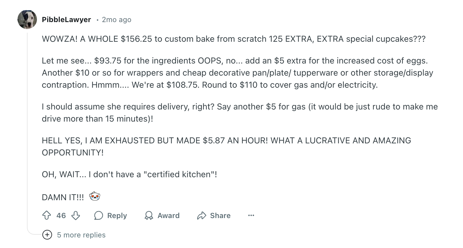 Summary of the image text: The image humorously critiques an order for 125 extra special cupcakes, detailing high costs and lack of kitchen certification