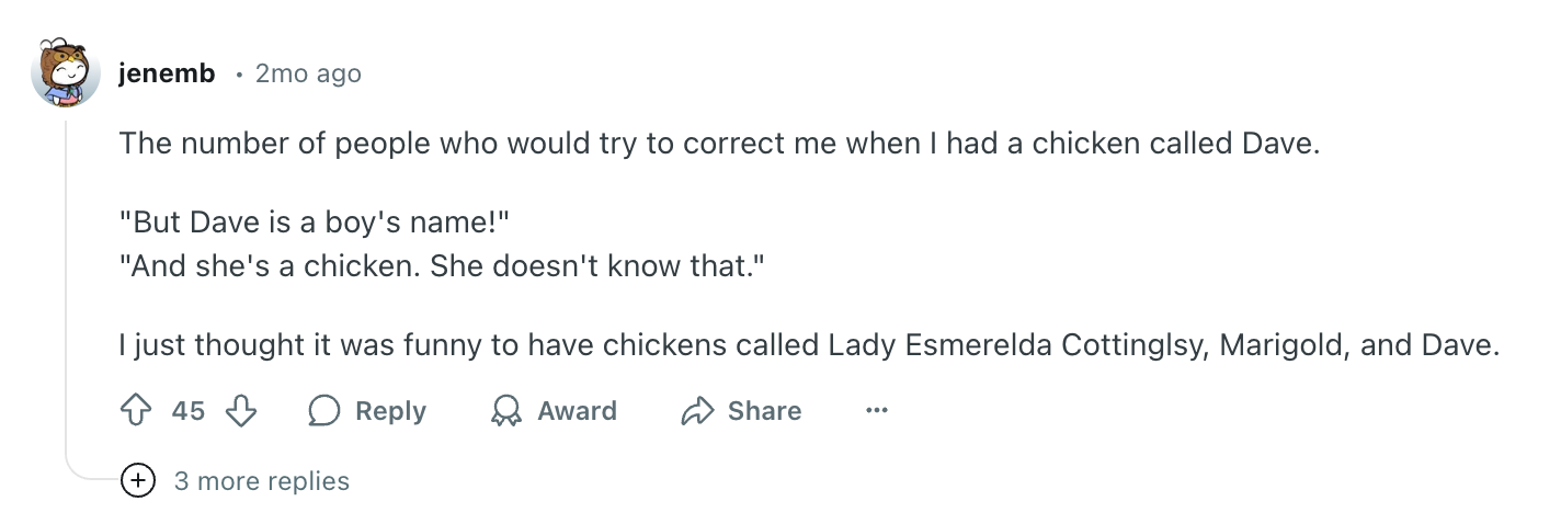 Social media post by jenemb joking about naming a chicken Dave. Mentions other chickens called Lady Esmerelda Cottingly and Marigold