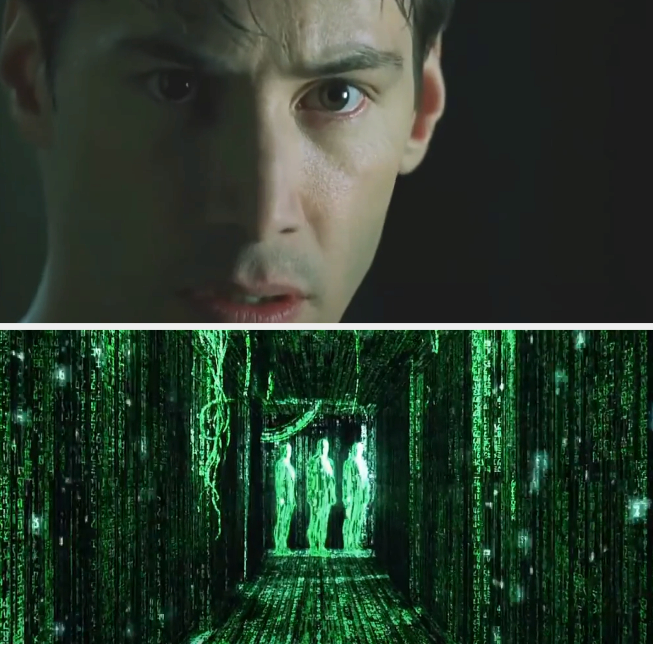 Scene from &quot;The Matrix&quot; with Neo in close-up above a digital code corridor with figures in the distance below