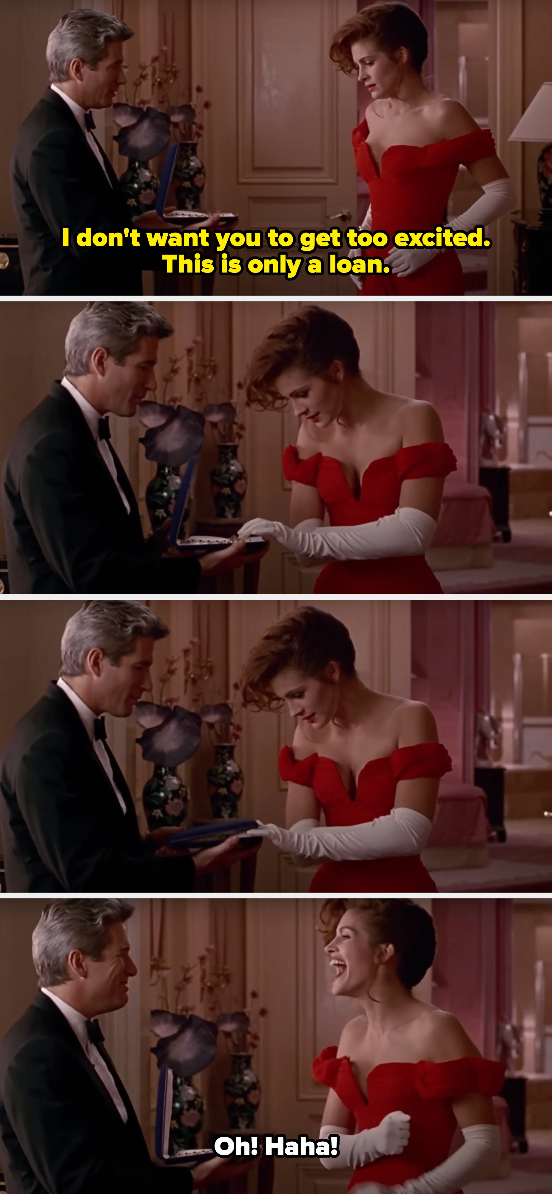 Richard playfully shuts the necklace box on Julia&#x27;s hand, and she laughs