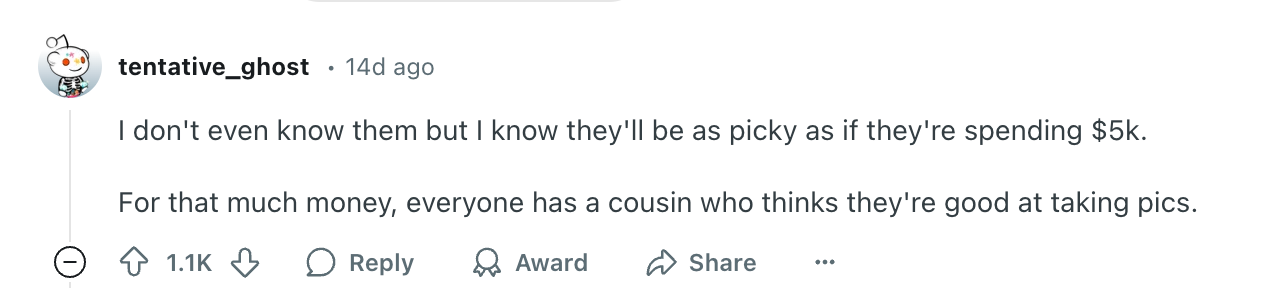 Social media comment questioning a person’s spending on photography, suggesting using a family member instead