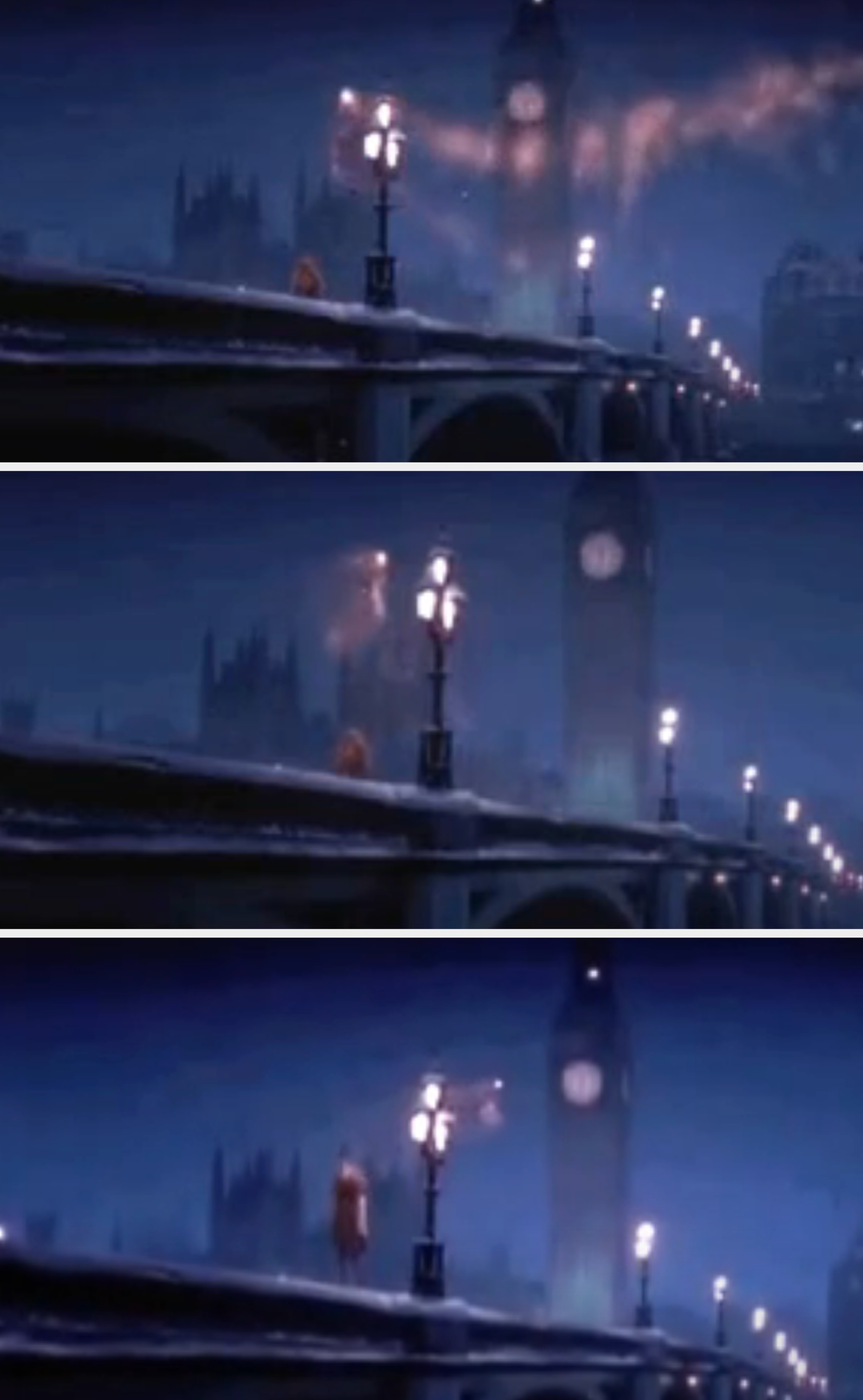 glittery pixie dusts falls on a couple kissing on a bridge, and they fly