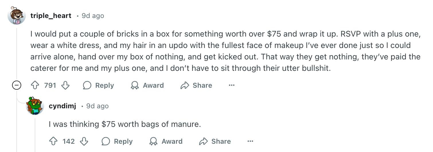 Two online comments: User 1 suggests sending a useless gift to a posh event, user 2 proposes gifting bags of manure