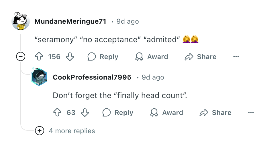 Online comments humorously highlight misspellings like “seramony” and “admitted,” with a playful reminder of “finally head count.”