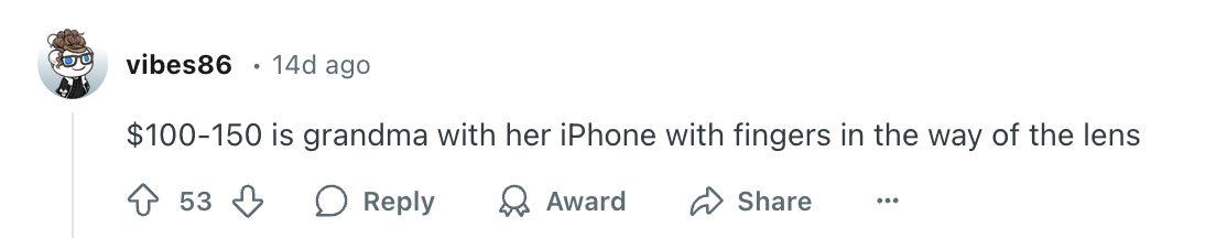 Comment humorously compares an out-of-focus photo to a grandma using an iPhone with fingers blocking the lens