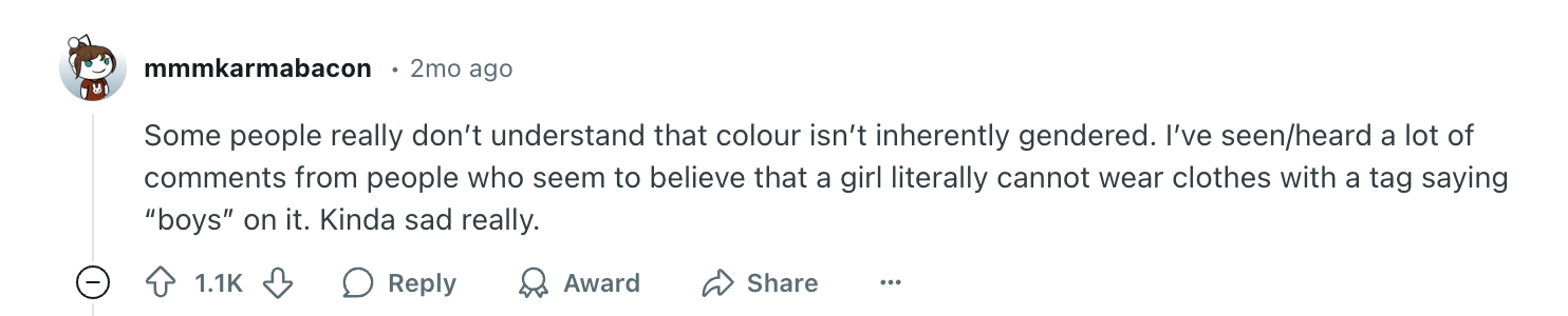 Comment discussing misconceptions about gender-specific clothing labels and how some people believe girls can't wear clothes labeled for boys