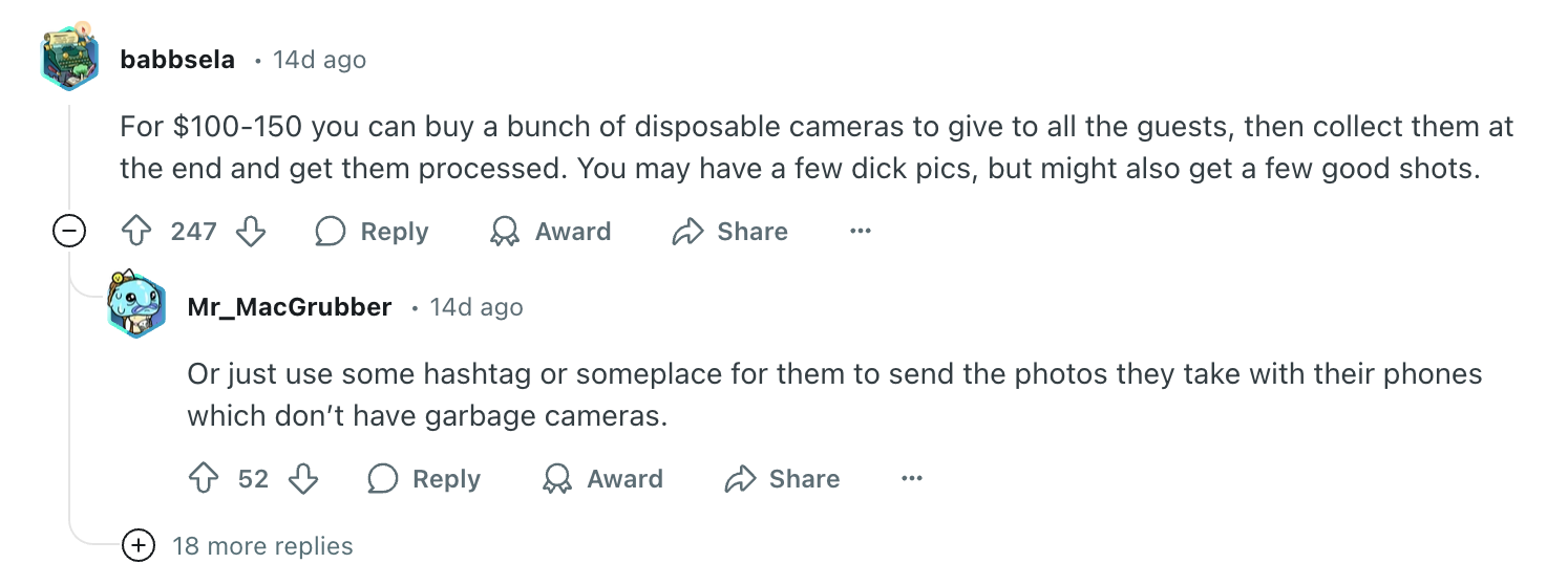 Reddit discussion suggesting using disposable cameras at events for guest photos or using hashtags for phone photos instead