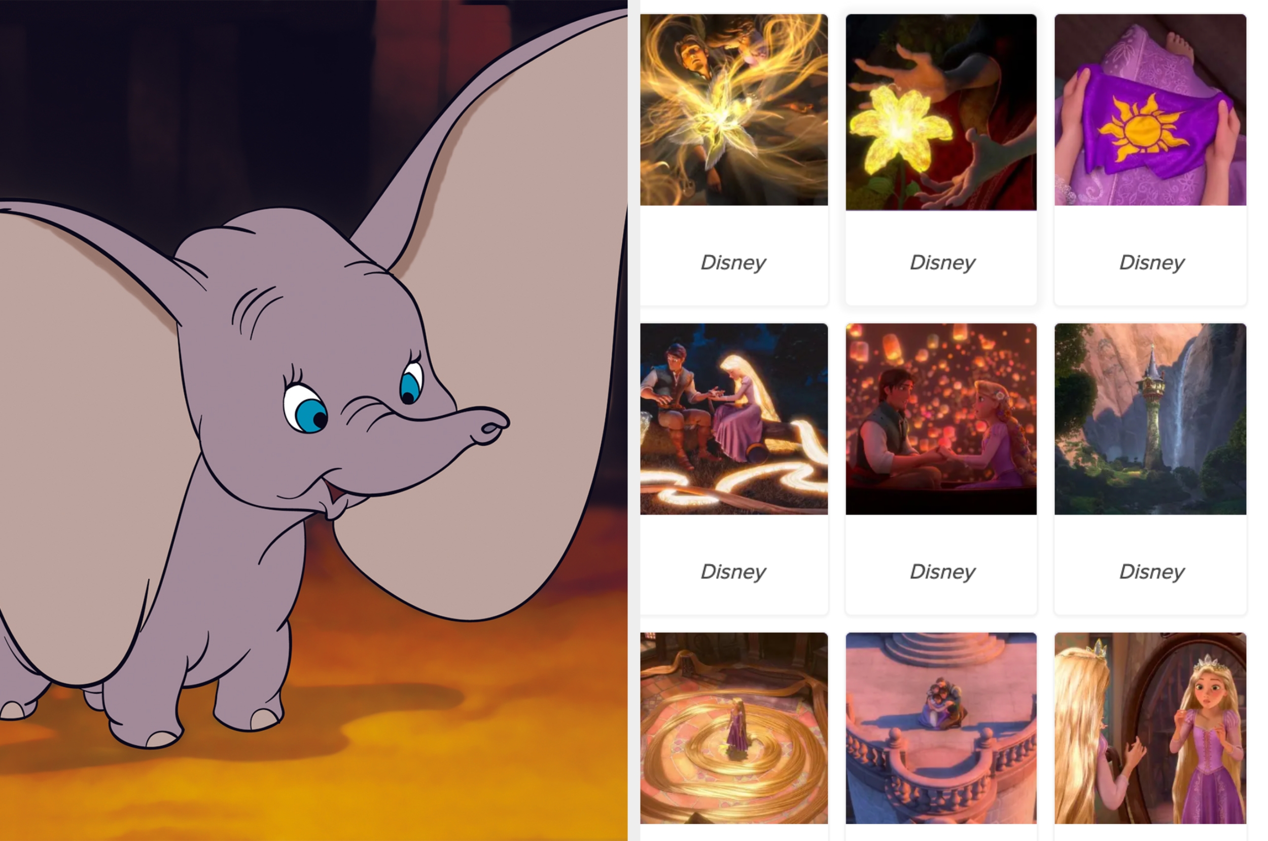 Animated elephant with large ears on the left; Disney movie scenes on the right form a grid