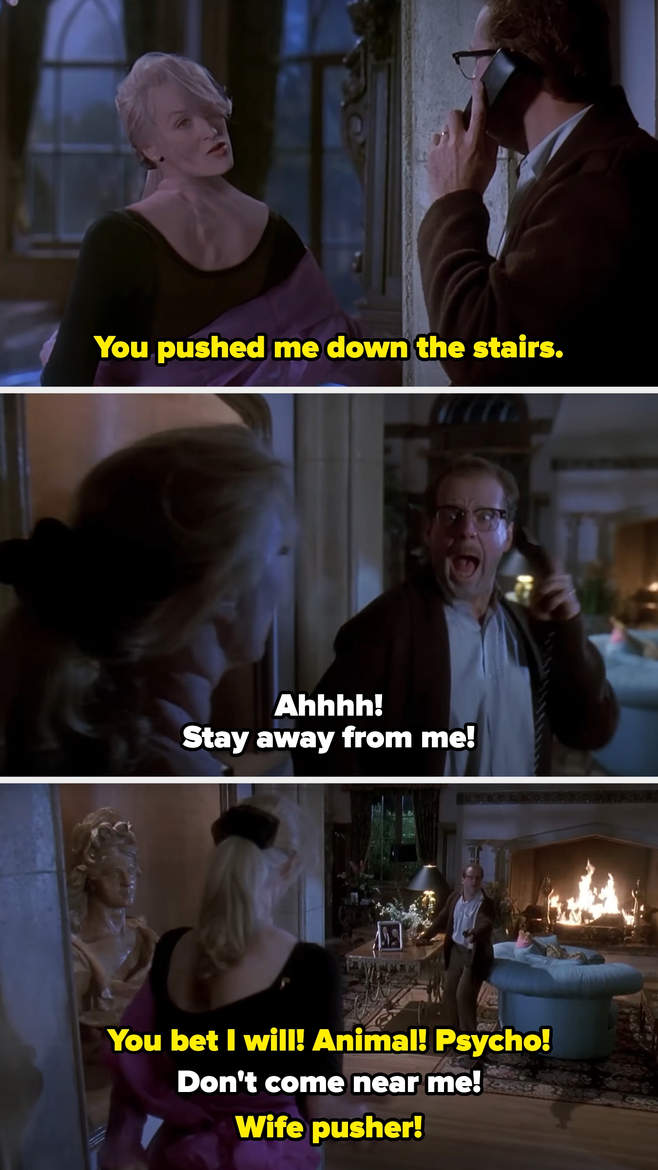 With her head twisted around backwards, Meryl confronts her husband, who screams and runs away