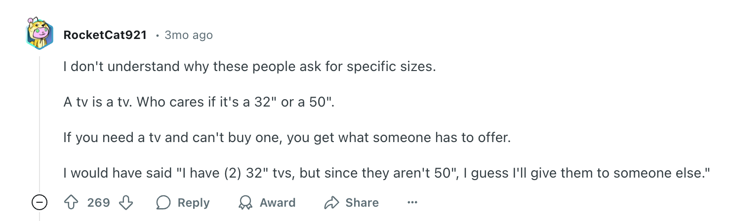 Reddit comment by RocketCat921 discussing TV size preferences and an example of how they'd handle different TV sizes