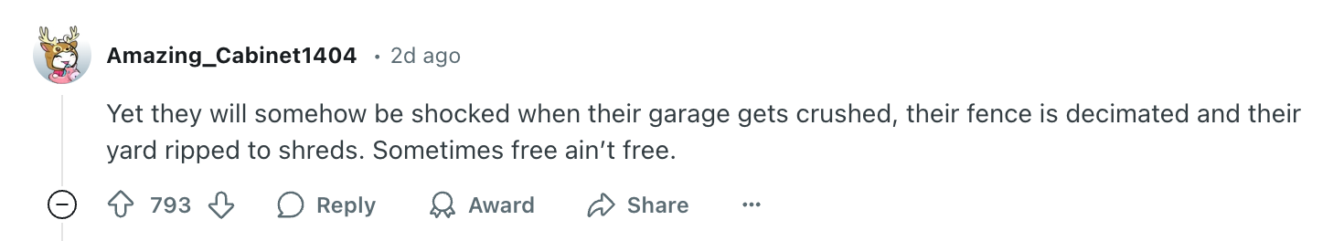 Online comment discussing consequences of free services damaging property, with a high number of upvotes