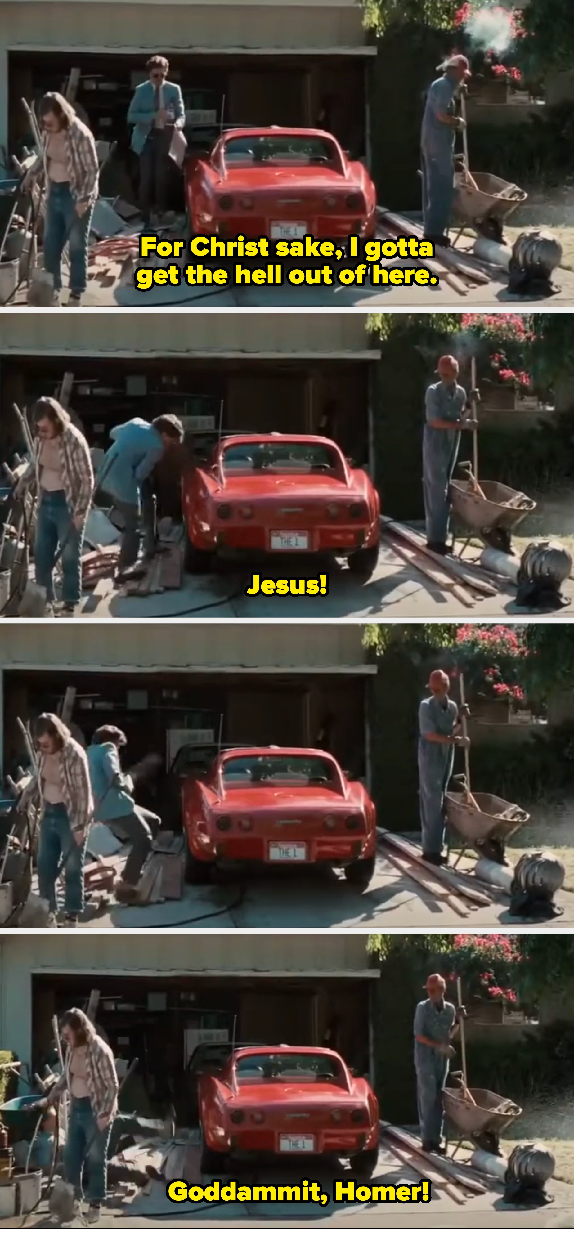 walking to the car, Chris slips on a pile of lumber and falls backwards, shouting expletives