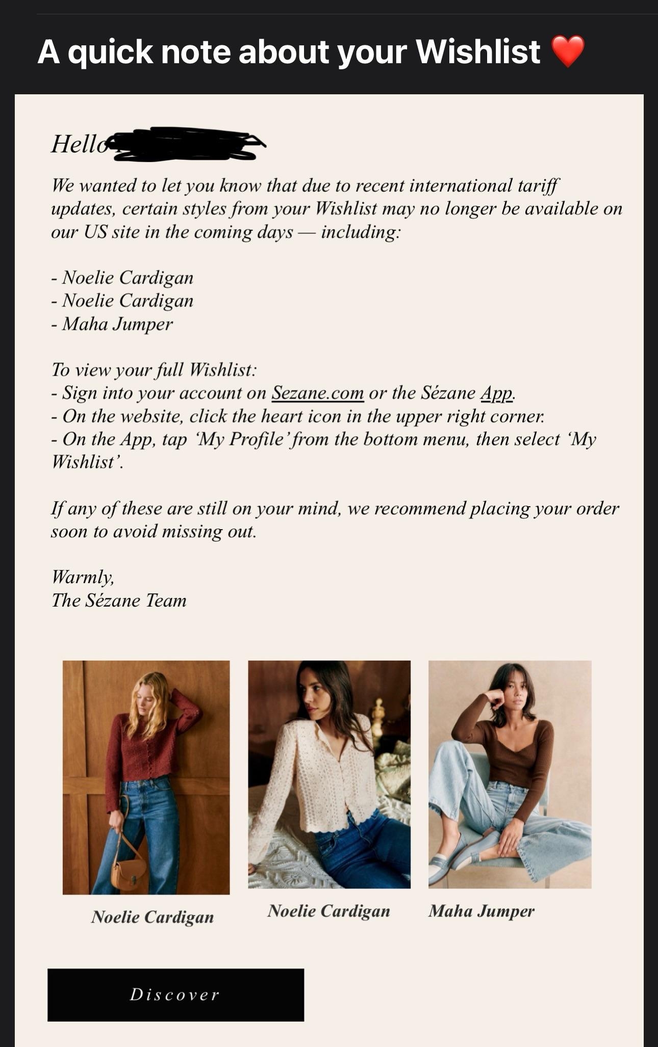 Message from Sézane about international tariff updates affecting wishlist items: Noelie Cardigan, Noelle Cardigan, Maha Jumper. Order soon