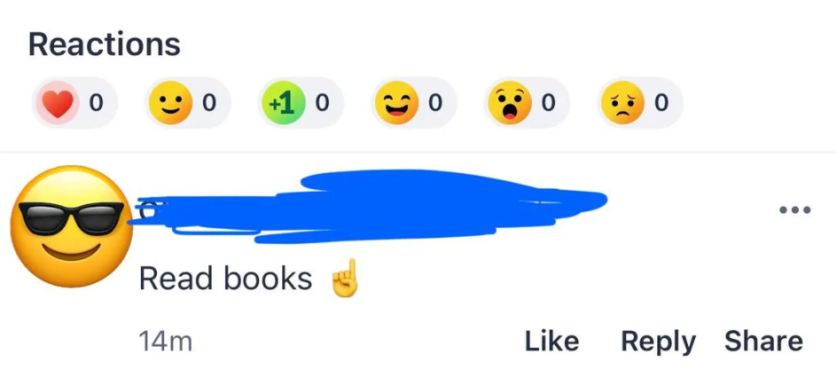 Social media post with a sunglasses emoji stating &quot;Read books&quot; with a pointing finger emoji