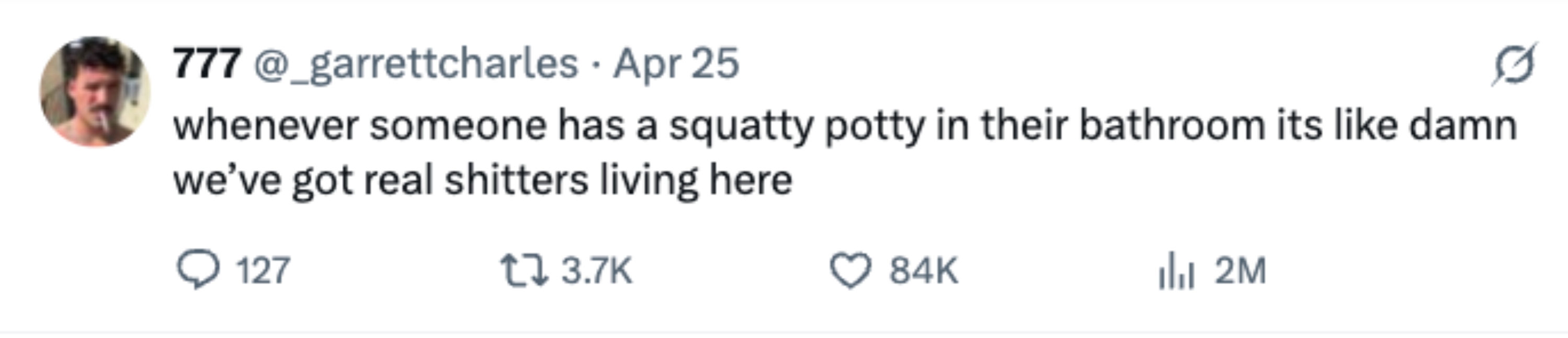 Tweet by @garrettcharles: &quot;Whenever someone has a squatty potty in their bathroom it's like damn we've got real shitters living here.&quot; 127 comments, 3.7K likes, 84K reposts