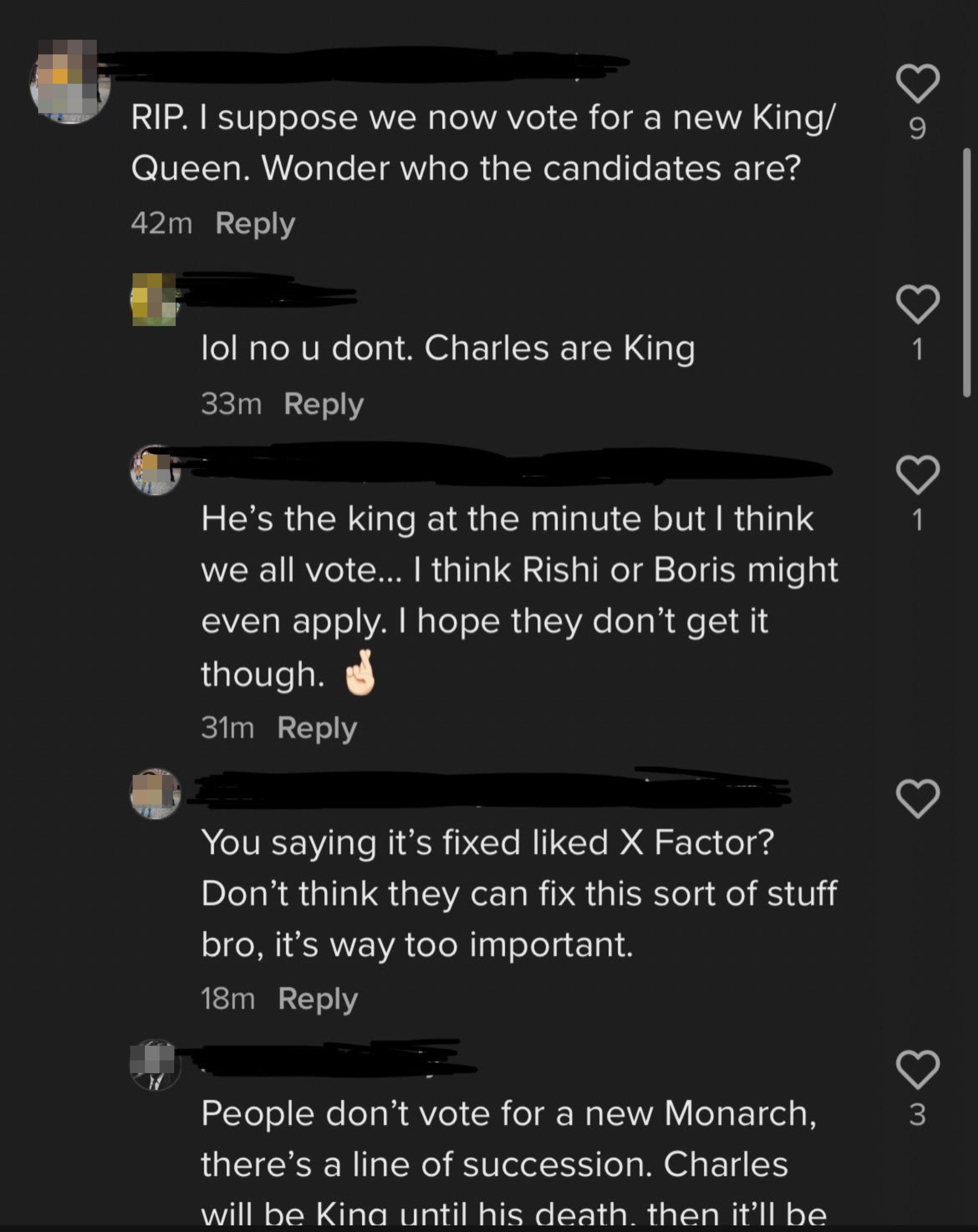 Social media comments discussing succession, mentioning King Charles and the process of selecting a new monarch