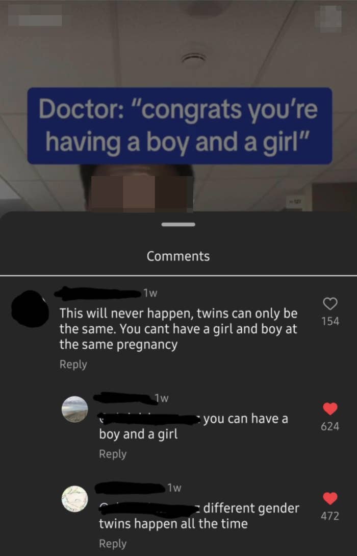 "Doctor: 'Congrats you're having a boy and a girl'"; comment: "This will never happen, twins can only be the same"; "you can have a boy and a girl"; "different gender twins happen all the time"