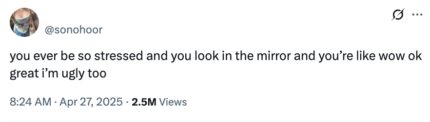 Tweet by @sonohoor: &quot;you ever be so stressed and you look in the mirror and you're like wow ok great i'm ugly too&quot; with 2.5M views