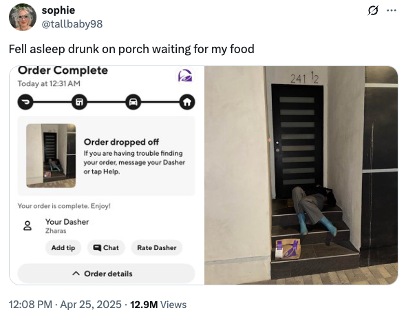 Image of someone asleep on a porch beside a food delivery with a phone view of completed order details