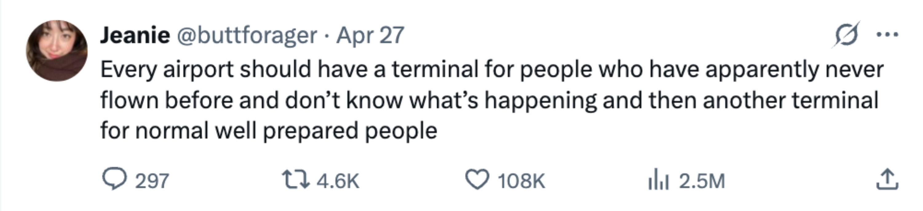 Tweet by Jeanie humorously suggests separate airport terminals for inexperienced travelers and well-prepared ones