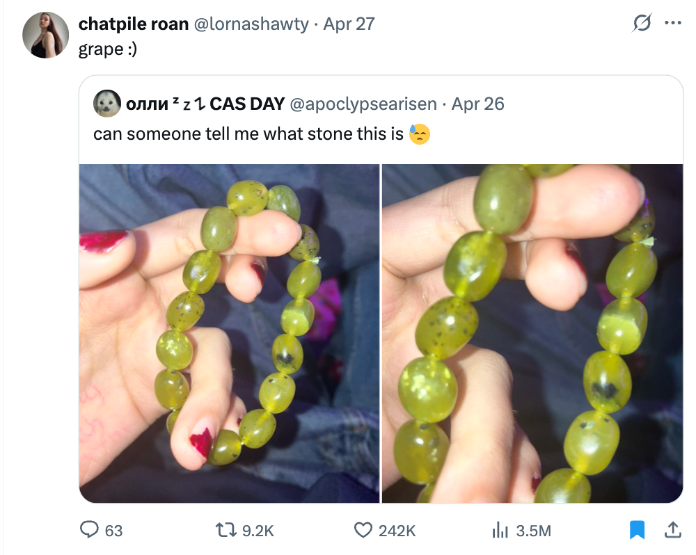 A Twitter post shows a joke about grapes mistaken for beads, with two images of grapes strung like a bracelet