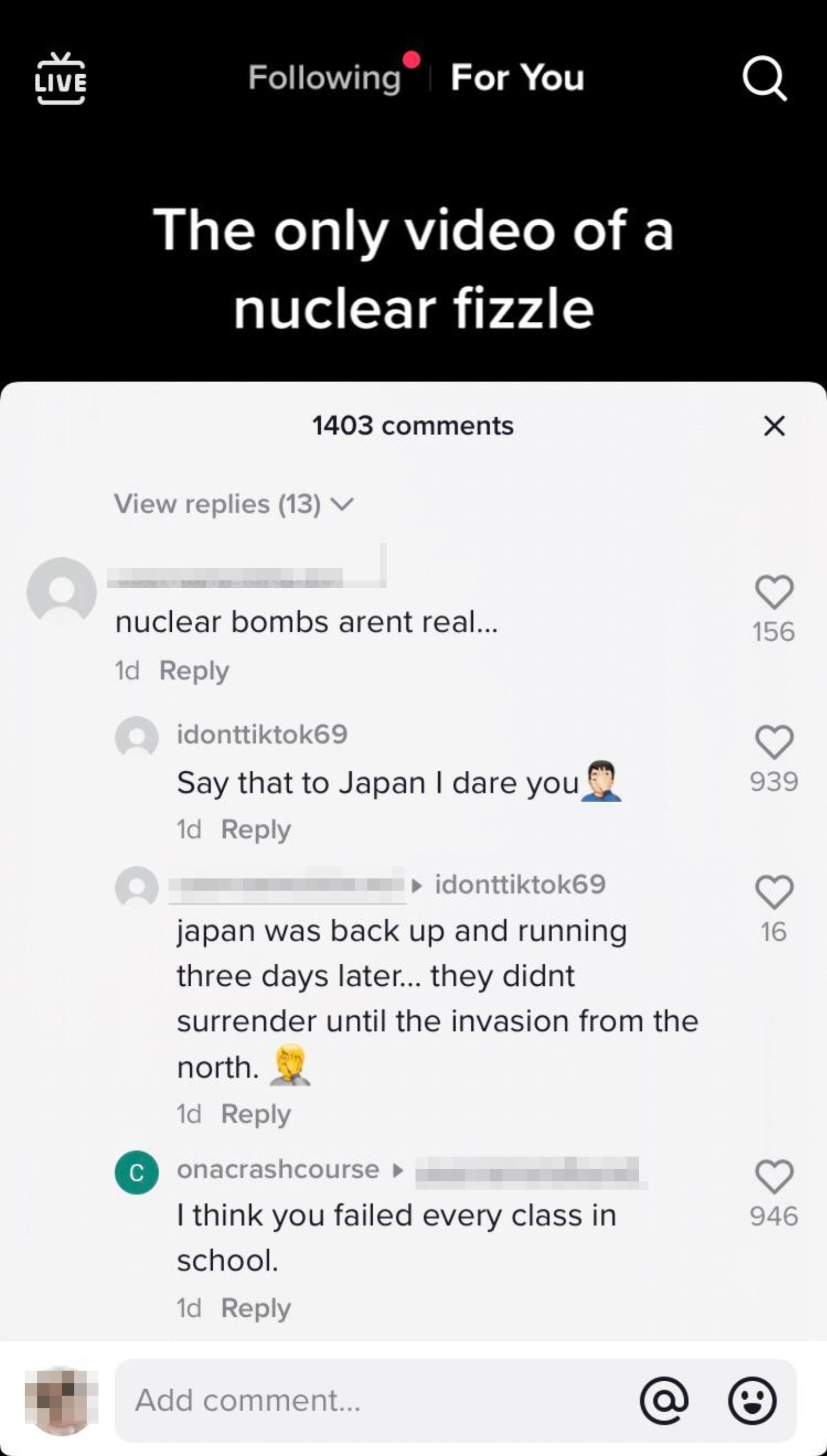 A TikTok video showing comments discussing nuclear bombs, referencing Japan, and debating historical accuracy