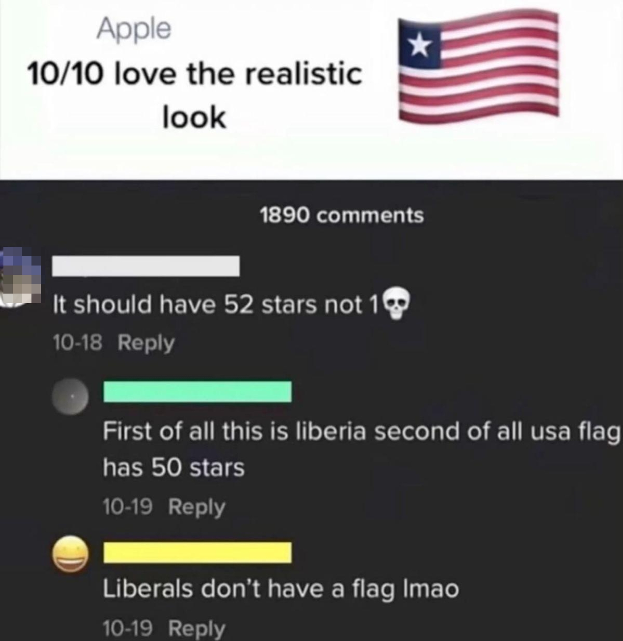 Comment confusion over flag stars: user thinks the USA flag should have 52 stars, corrected to 50, with a joke about liberals not having a flag