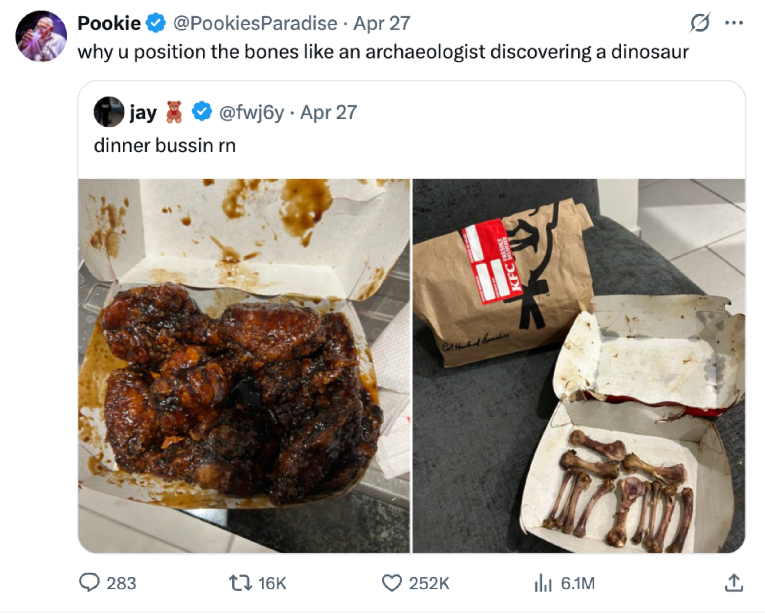 Tweet showing two images. Left: A box of sauced chicken wings. Right: An empty box with bones neatly lined up.