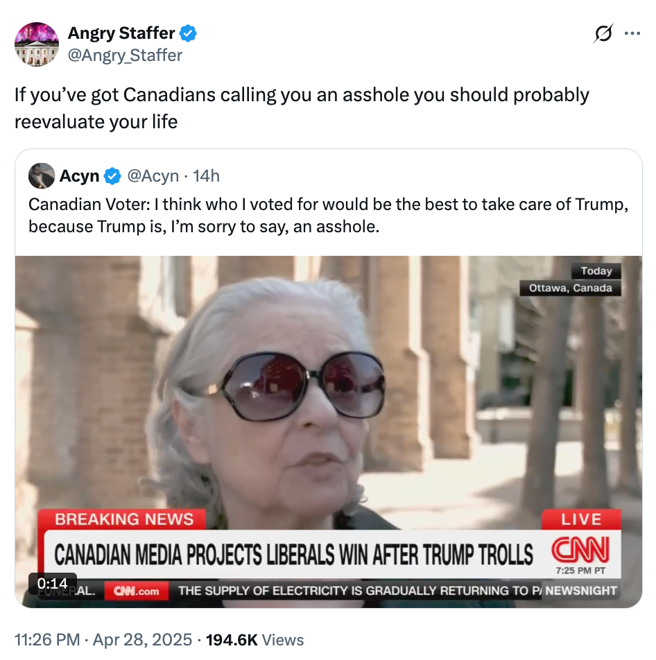 Tweet of a video showing an older woman discussing Trump&#x27;s influence in Ottawa, Canada, captioned with a comment about Canadian opinions