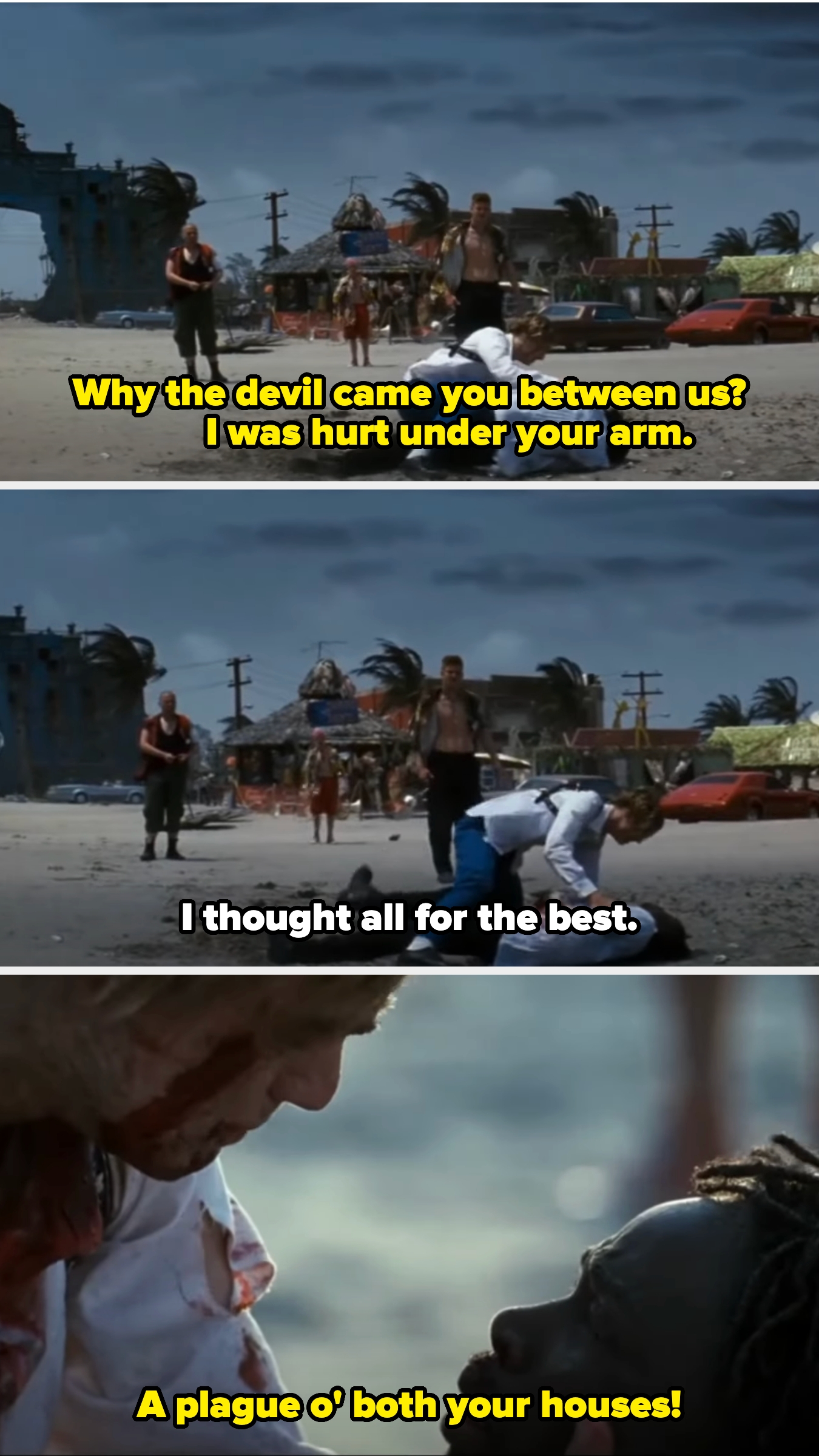Mercutio dies in Romeo&#x27;s arms on a stormy beach, declaring a plague over both houses