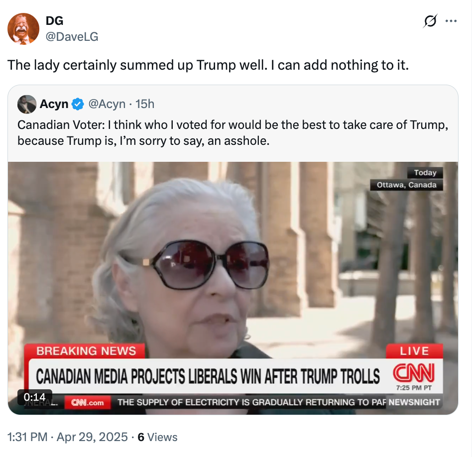 Screenshot of a tweet sharing a CNN clip. A person speaks about voting decisions regarding Trump in Canada