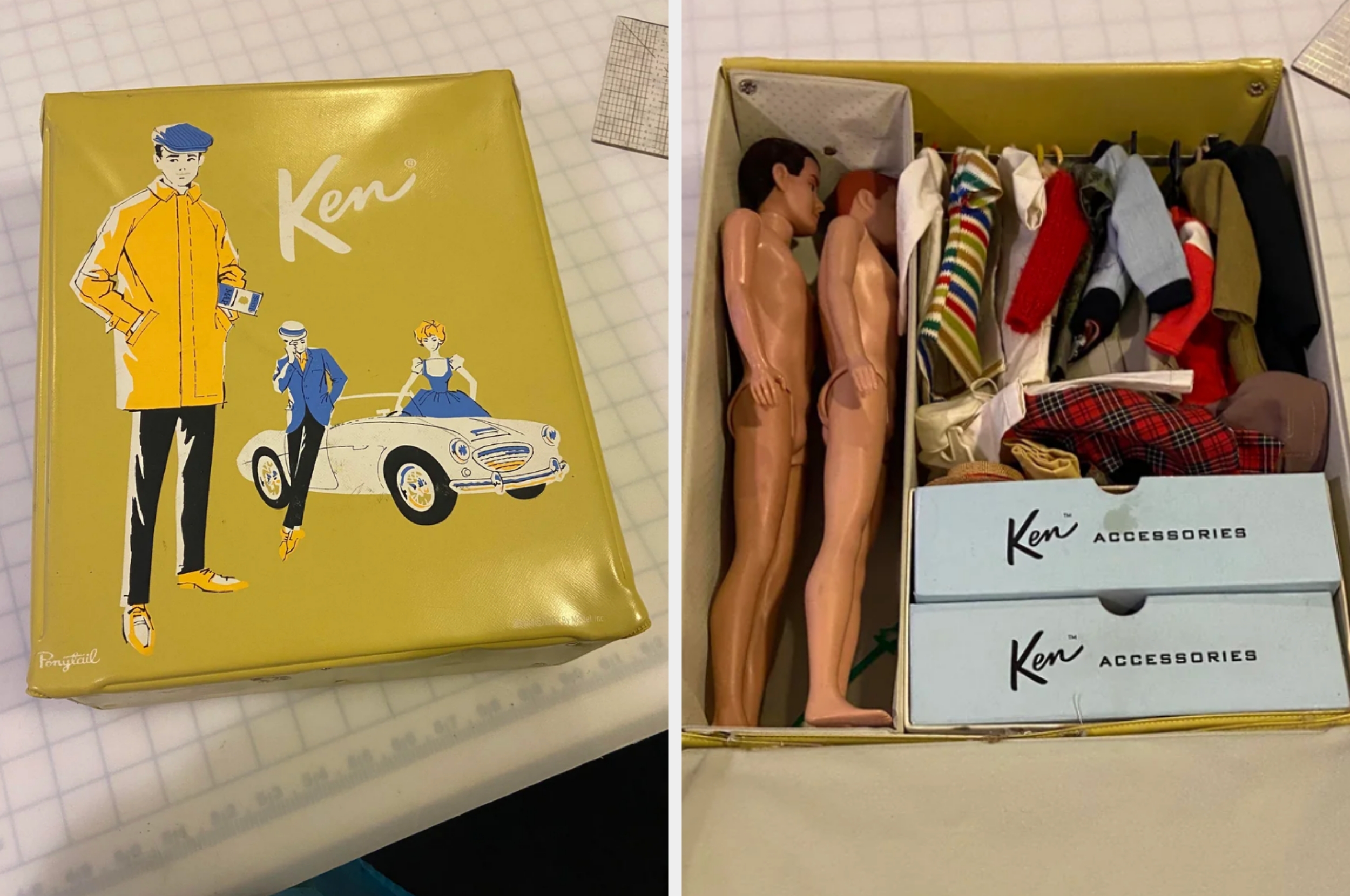 Vintage Ken doll set with illustrated box cover showing two dolls and a car; inside, two dolls and assorted outfits