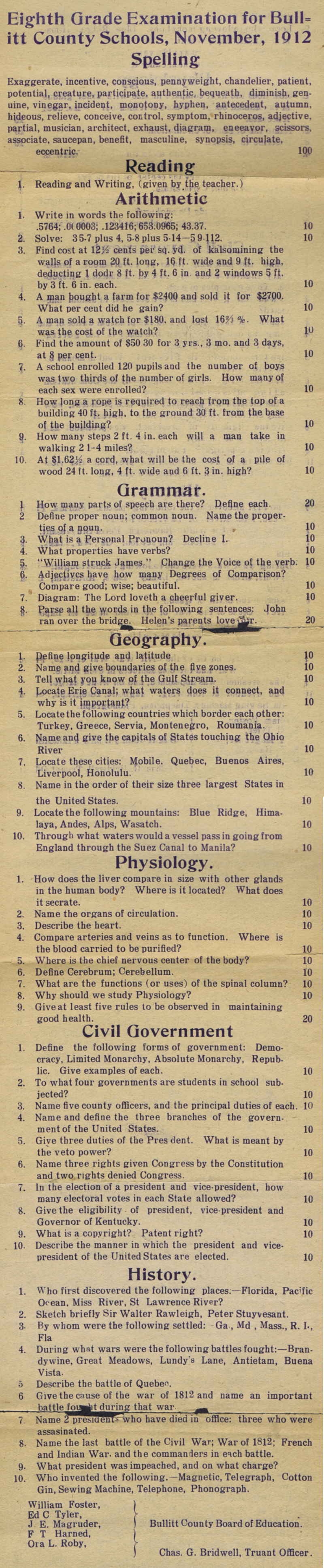 1912 eighth-grade exam with questions on spelling, reading, writing, arithmetic, grammar, geography, physiology, civil government, and history from Bullitt County