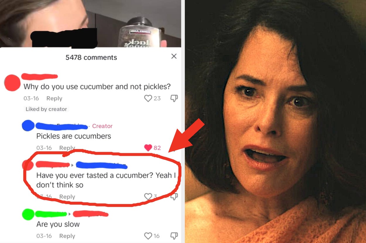 Screenshot of a humorous online comment thread about cucumbers versus pickles, with a surprised reaction image on the right