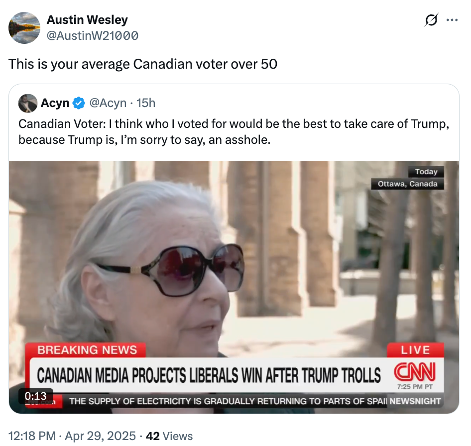 Screenshot of a tweet of a woman expressing regret for voting for a candidate; tweet suggests it&#x27;s humor about Canadian voters over 50