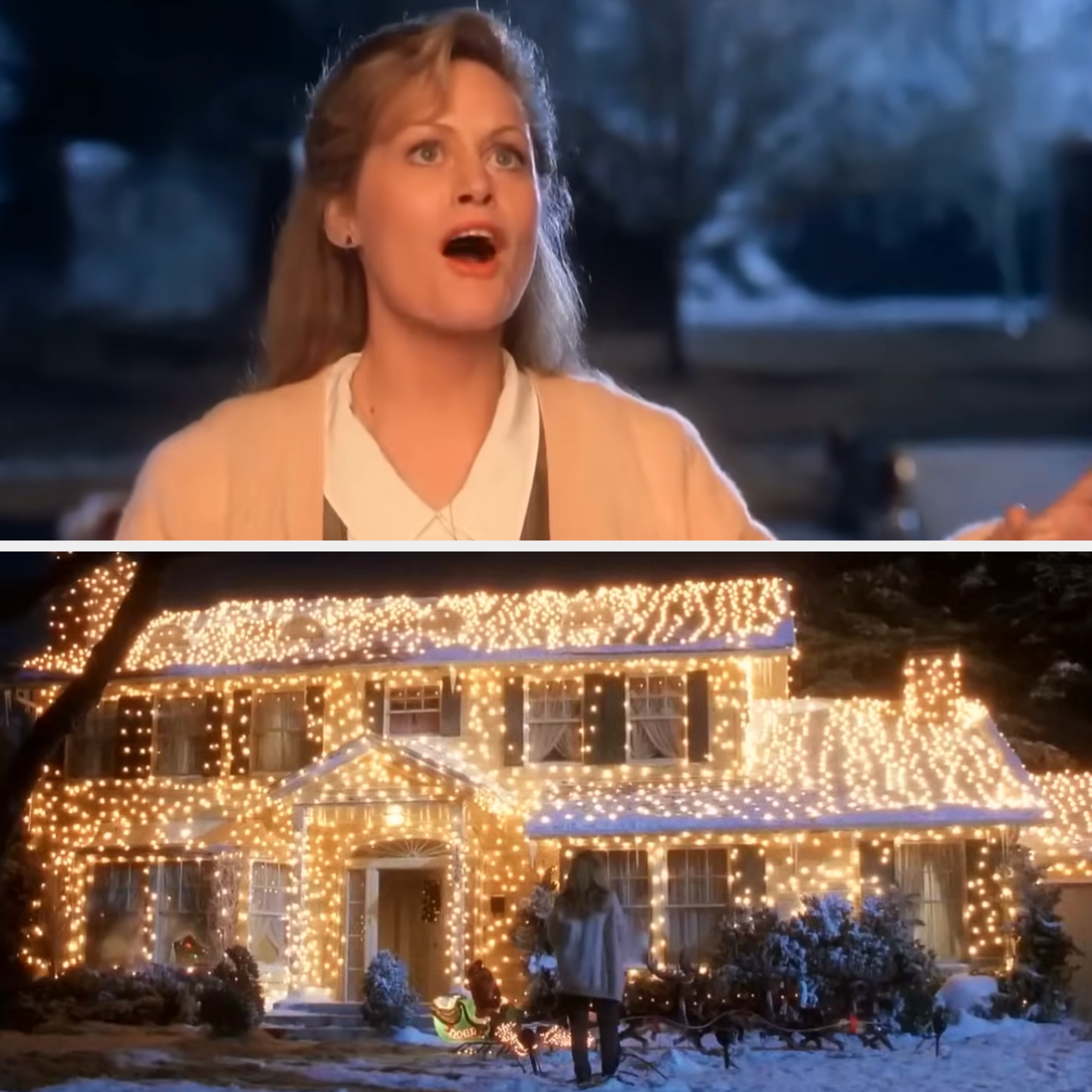 A woman sings outdoors; below, a house is elaborately decorated with holiday lights, illuminating the snowy scene