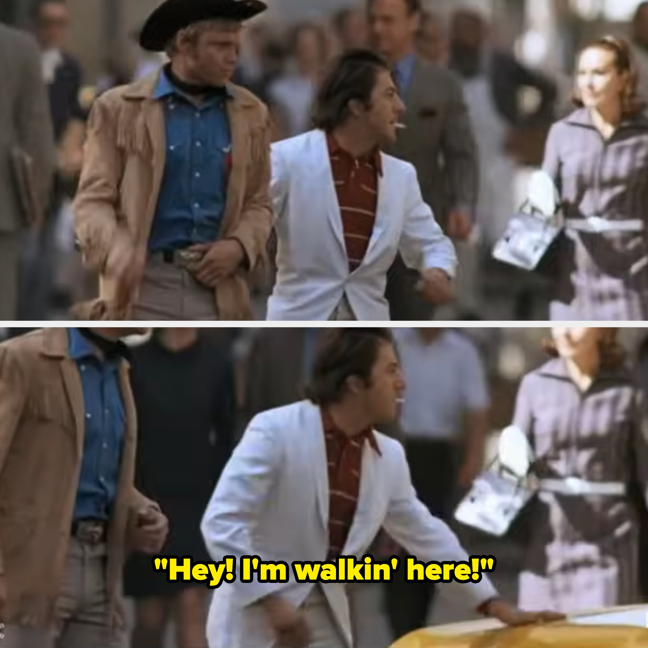 Two men walk through a bustling city street; one wears a white suit, the other a cowboy outfit. This scene feels lively and dynamic