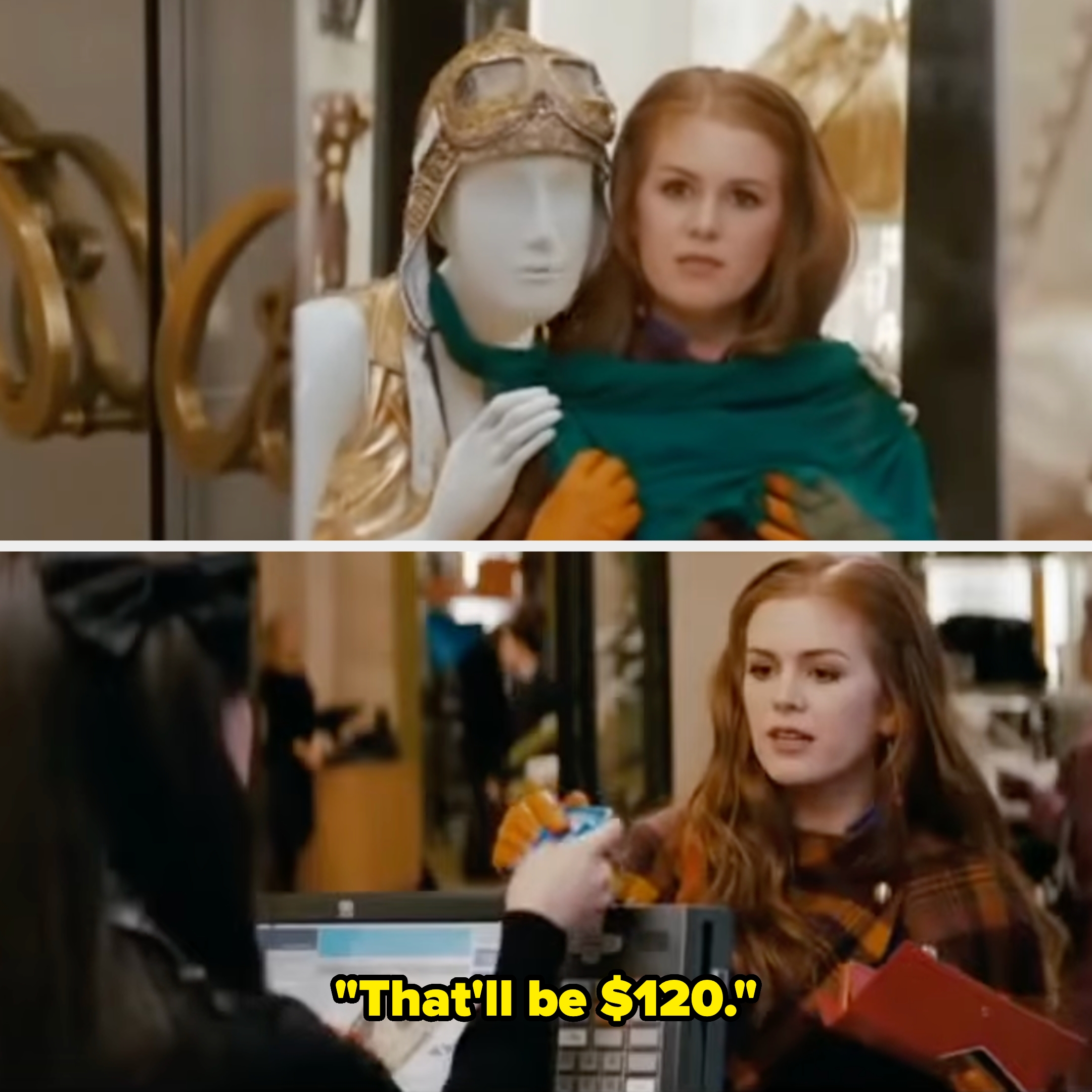 Top: A woman in vintage style with gloves clutches a mannequin. Bottom: The same woman pays at a store with a credit card