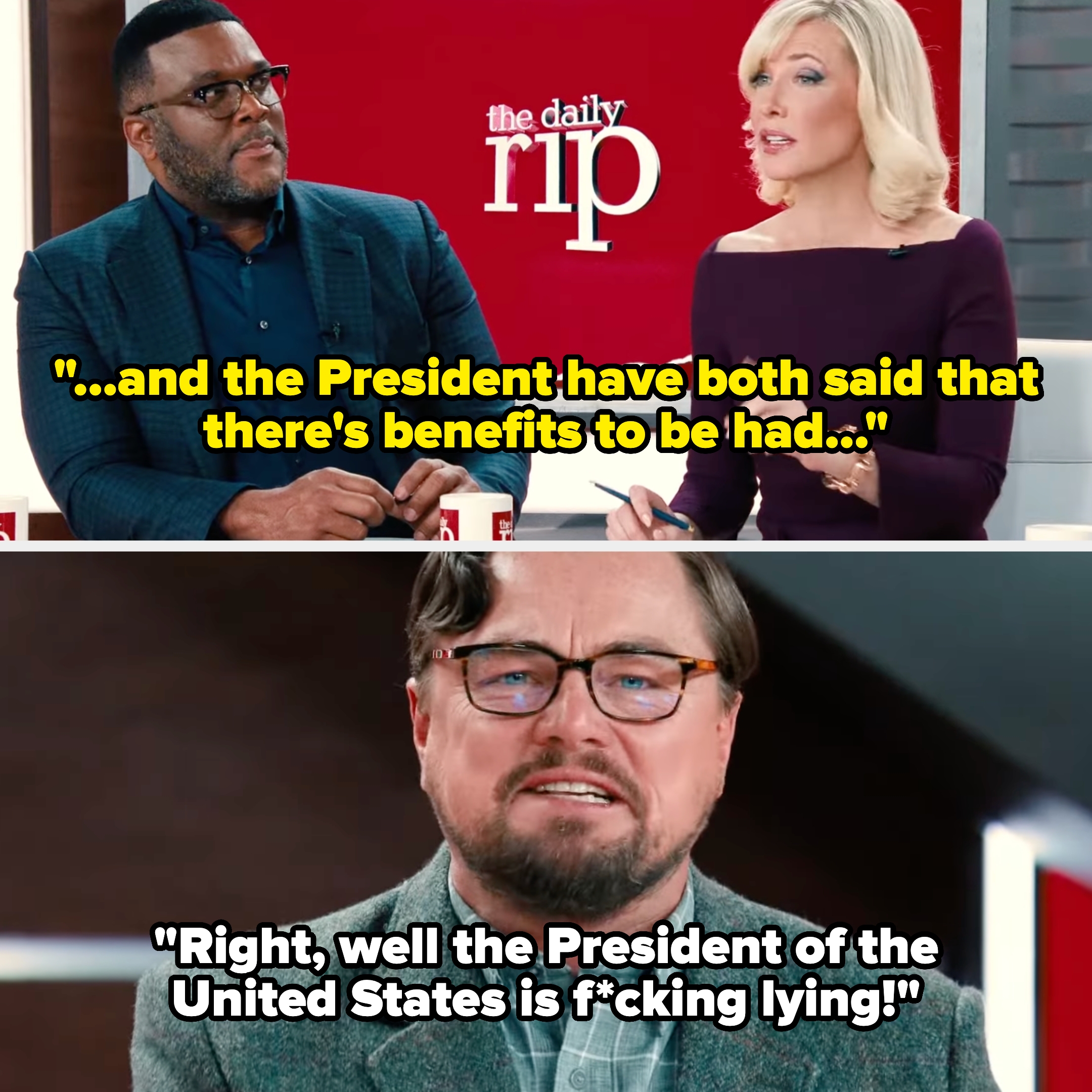 Two people host a TV segment on "The Daily Rip." Below, a man with glasses and beard speaks passionately on camera