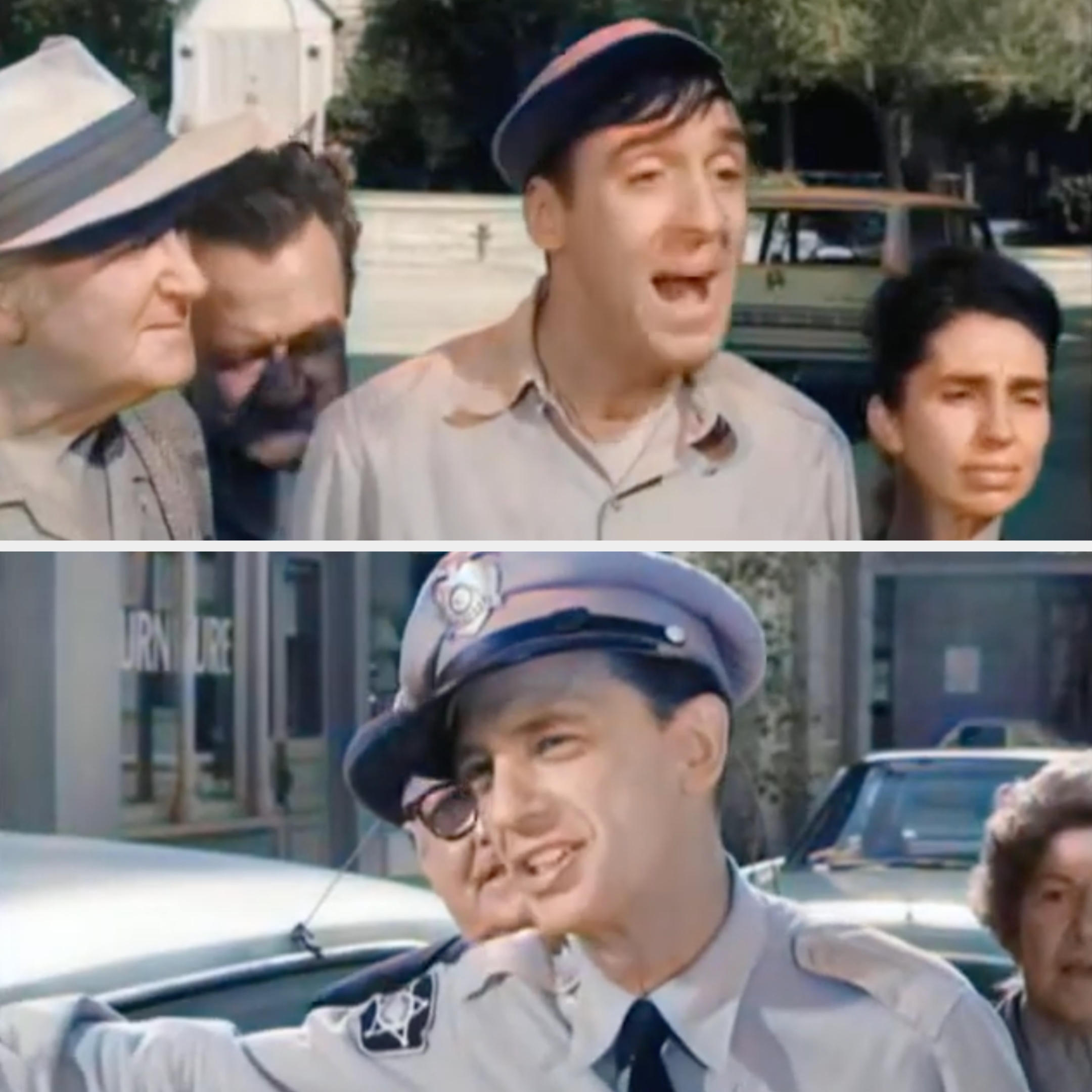 A comedic scene with a group of people, including one in a vintage police uniform, standing in front of cars and buildings on a street