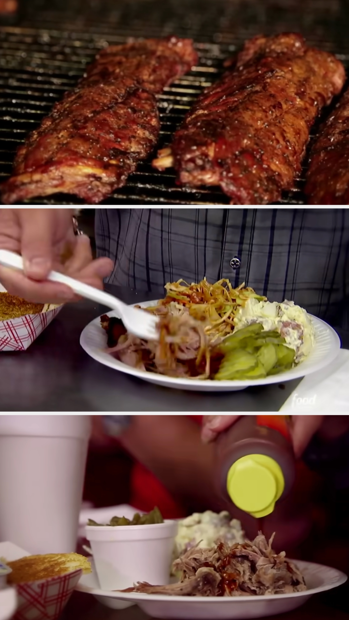 Three images show grilled ribs, a barbecue plate with sides, and a person adding mustard to pulled pork from a styrofoam cup
