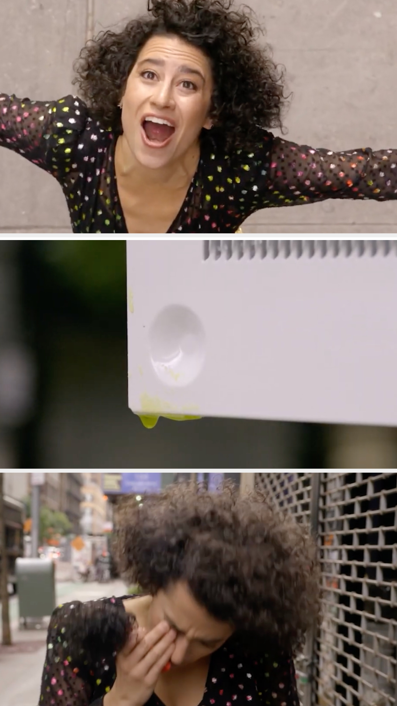 Collage of a woman joyfully posing, a close-up of wet paint on a ledge, and the woman wiping paint off her face on a city street