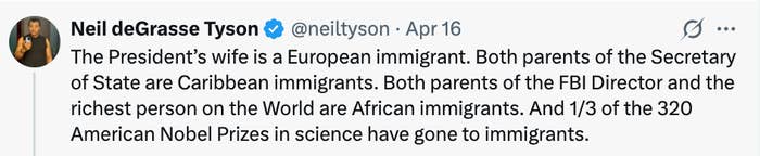 Neil deGrasse Tyson tweet highlights contributions of immigrants in U.S. leadership and science, noting affiliations with immigration roots