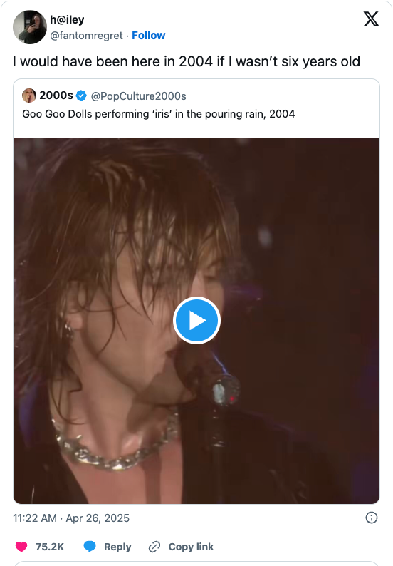 Screenshot of a tweet about a Goo Goo Dolls 2004 performance, with a person's comment expressing a wish to have attended if not for their age